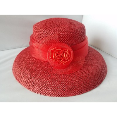 's Red Straw Hat With Chiffon Ribbon & Flower Woven Beach Red Hat Ladies  eb-11083728